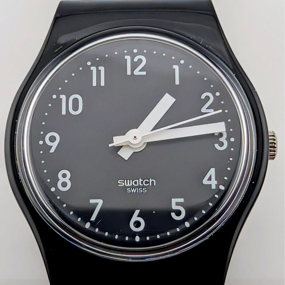 Swatch Swiss Black Quartz Watch White Arabic Numerals 25mm Classic Minimalist